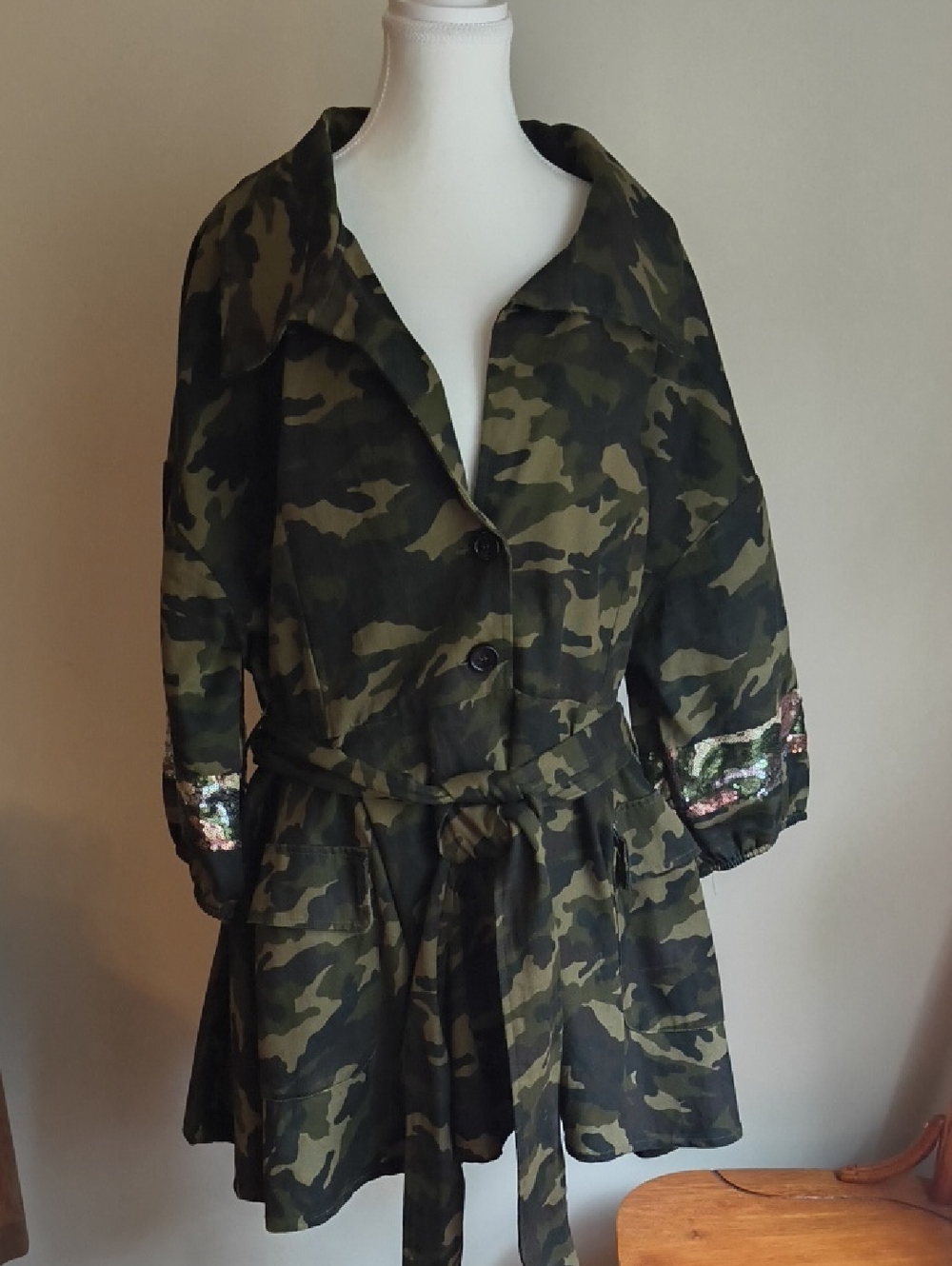 Sequined Camo Jacket Women 3XL Belted Peplum Hem Party Fit & Flare Pockets